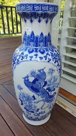 XL Blue & White Porcelain Peacock Vase