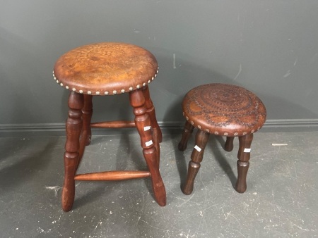 2 x Vintage Leather-Topped Stools with Turned Wooden Legs