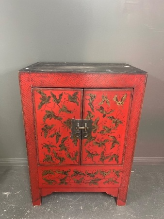 Vintage Chinese Red-Lacquered Hand Painted Cabinet
