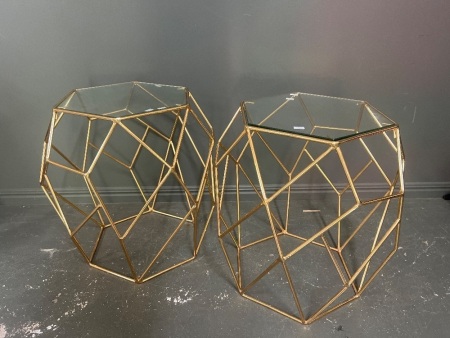 2 x Geometric Gold-Framed Glass Side Tables