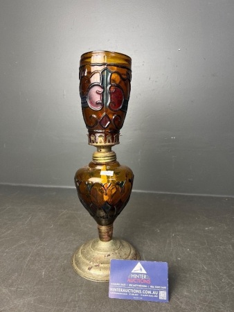 Sail Boat Brand Vintage Amber and Green Stained Glass Oil Lamp