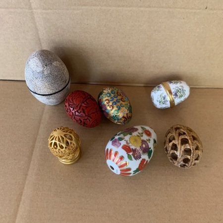 Collection of Asstd Eggs inc. Porcelain, Cinnabar, Pierced Stone & Metal, Papier Mache