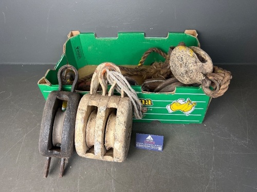 Lot of Metal and Wooden Tackle Pulleys for Heavy-Duty Marine Rigging
