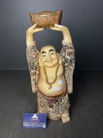 Laughing Buddha Statue Holding a Golden Sycee Ingot