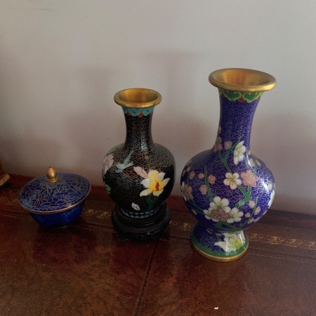 2 Cloisonne Vases - 1 on Timber Stand + Small Lidded Pot
