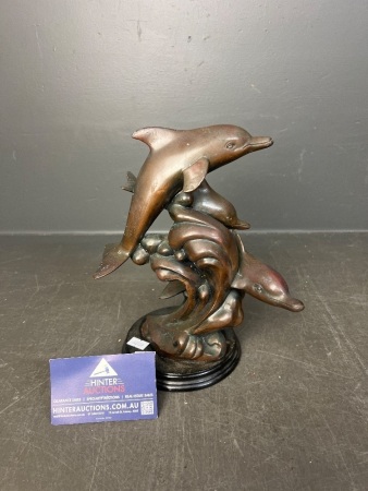 Vintage Possibly Bronze Dolphin Sculpture on Round Wooden Base