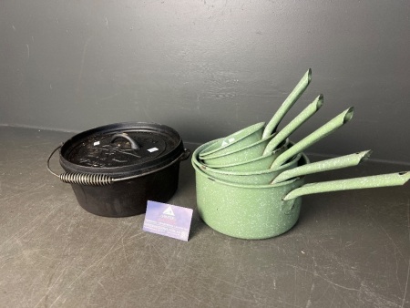 Cast Iron Camp Oven and Nesting Stack of Sage Green Saucepans