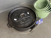 Cast Iron Camp Oven and Nesting Stack of Sage Green Saucepans - 2