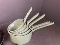 Cast Iron Camp Oven and Nesting Stack of Sage Green Saucepans - 3