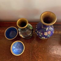 2 Cloisonne Vases - 1 on Timber Stand + Small Lidded Pot - 2