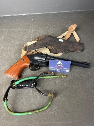 Wooden Pistol with Shoulder Holster and Slingshot