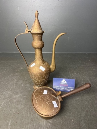 Vintage Brass Stove-Top Coffee Bean Roaster and Indonesian Pitcher