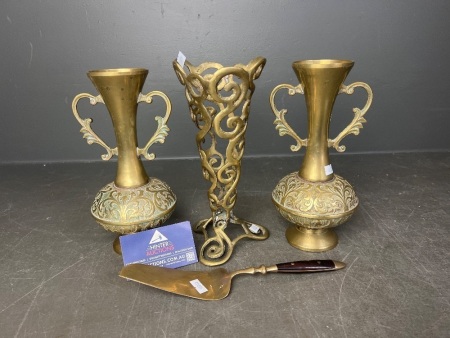 Pair of Vintage Brass Urns and Brass Scroll Vase with Brass/Bronze Cake Server