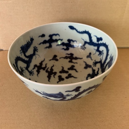 Vintage Chinese Blue & White Dragon Bowl - Signed on Bottom