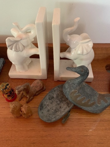 Asstd Lot of Animals & Birds inc. Elephant Bookends, Carved Swiss Bears, Babushkas Etc