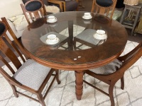 Round Wooden Dining Table with Circular Glass Top Insert and Traditional Wooden Carved Leg Base