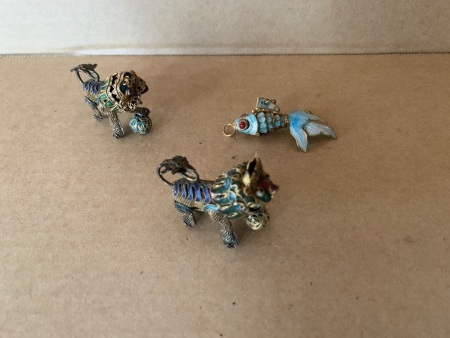 Pair of Articulated Brass Cloisonne Foo Dogs + Similar Fish