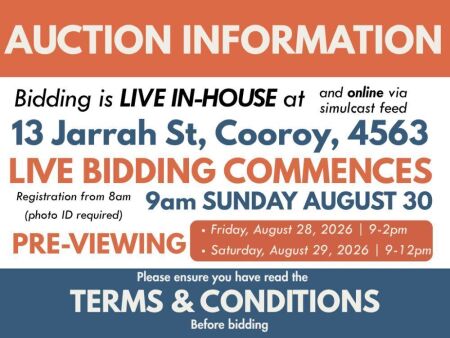 AUCTION INFORMATION It is recommended that interested bidders attend the auction inhouse LIVE BIDDING COMMENCES 9am, Sunday, August 30, 2026 - Registration from 8am (photo I.D required) PRE-VIEWING Friday, September 28, 9am - 2pm Satur