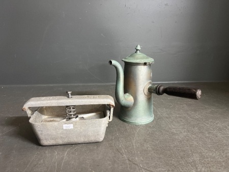 Vintage QPC No.2 Cast Aluminium Meat/Butter Press and Possibly Steel Vintage Kettle