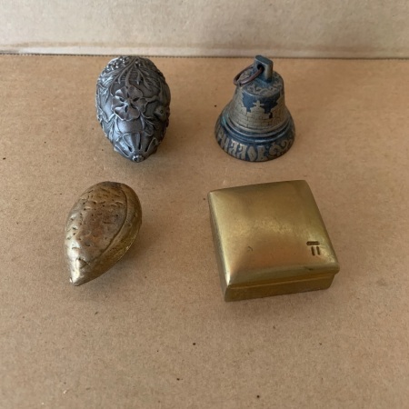 4 Asstd Bronze/Brass/Pewter Items inc. Bell, Almond, Egg & Box