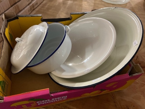 Enamelware - Inc Pot, Bowl and White Porcelain Dish