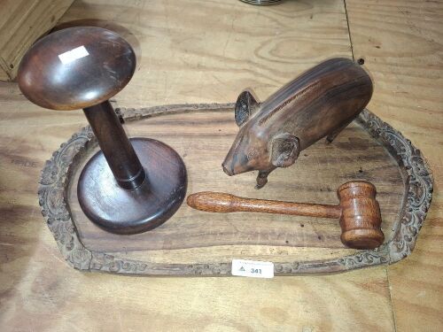 Lot of Hand-Carved Wooden Items - Inc. Pig Sculpture, Serving Plate, Wig/Hat Stand and Gavel