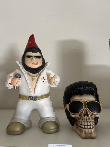 Gnoelvis' Garden Gnome and Elvis Skull Display