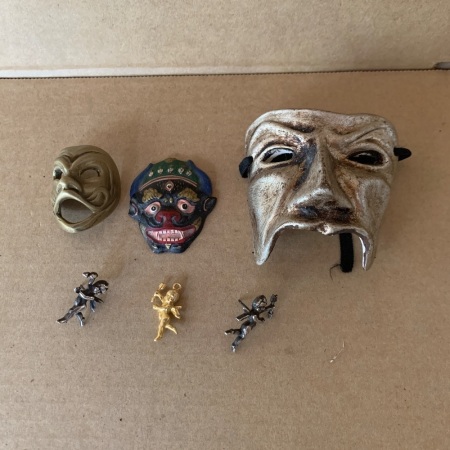 Lot of 3 Small Vintage Masks + 3 Small Cherub Pins
