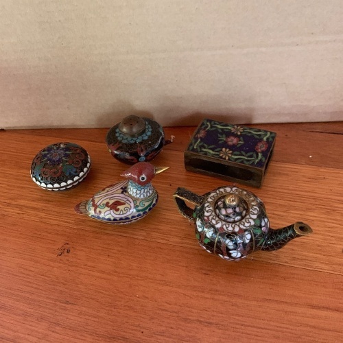 Lot of 5 Asstd Small Cloisonne Wares inc. Pepper Pot, Trinket Boxes, Matchbox Holder + Teapot