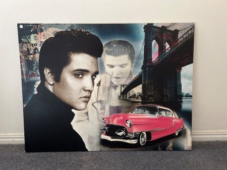 Large Print of Elvis Presley Alongside his Pink Cadillac and a Bridge