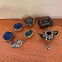 Lot of 5 Asstd Small Cloisonne Wares inc. Pepper Pot, Trinket Boxes, Matchbox Holder + Teapot - 2