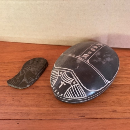 Carved Stone Scarab Beetle + Carved Stone Egyptian Head Pendant