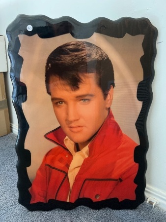 Vintage 1970's Elvis Presley Laquered Wood Wall Plaque Featuring Presley with Red Jacket
