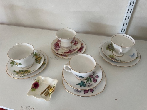 4 x Queen Anne Trios Fine China Teacup with Two Saucers and Porceline Trinket
