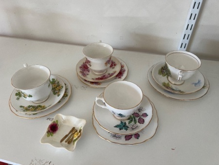 4 x Queen Anne Trios Fine China Teacup with Two Saucers and Porceline Trinket