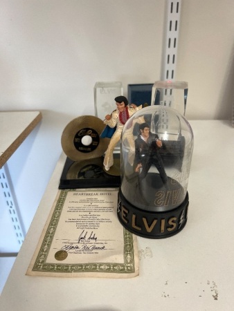 Elvis Presley "HeartBreak Hotel" Gold Record Display Figurine with Certificate, Franklin Mint Glass Dome Figurine and 2 x Rectangular Glass Paperweights/Display