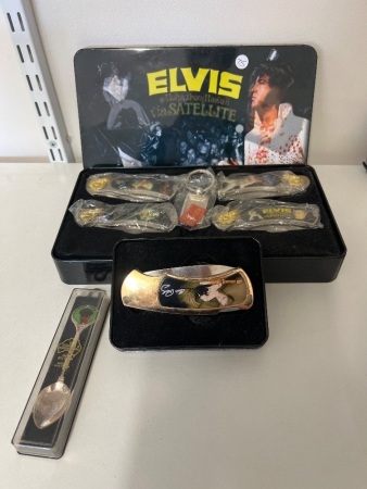 Collection of Elvis Themed Pocket Knives and One Collectable Elvis Spoon