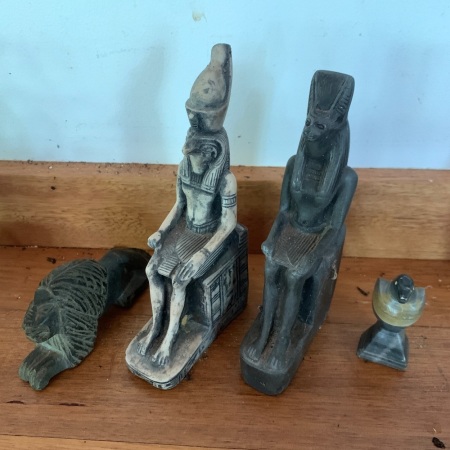 3 Carved Stone & 1 Resin Egyptian Figures inc. Lion & Bird