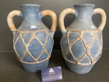 Decorative Pair of Vintage Terracotta Blue, Straw Wrapped Vases