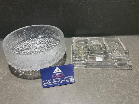 Heavy Glass Desk Caddy with Round Textured Serving Bowl