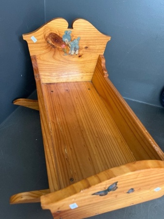 Vintage Pine Dolls Cradle with 1960s Meyercord Blue Deer Sticker Decal with Blue Stroller