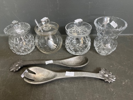 Set of Four Vintage Jam Jars and Vase with 2 x Sunflower Aluminium Salad Serving Set