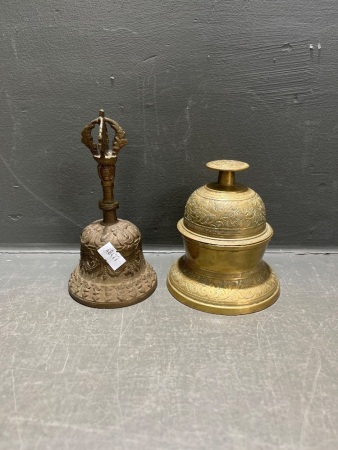 Vintage Brass Indian "Elephant" Claw Bell Paired with Brass Tibetan Dharma Bell with Ornate Dorje Handle and Original Clapper