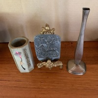 Asstd Lot of Metalware inc Tiny Brass Easel + Stone Pot