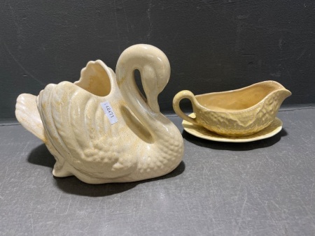 Vintage Gonder Swan Planter with Burslem Porcelain Sauce Jug and Saucer