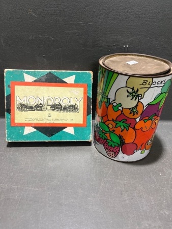 Vintage AUS 1940-50s Monopoly Board Game with Tin of Build-O-Fun Blocks