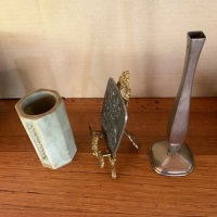 Asstd Lot of Metalware inc Tiny Brass Easel + Stone Pot - 2