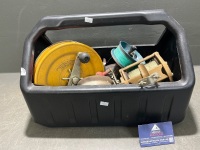 Black Caddy with Miscellaneous Fishing Spools and Reels