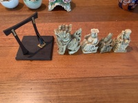 4 Small Resin Asian Figures inc. Foo Dog + Mini Timber Gateway - 2