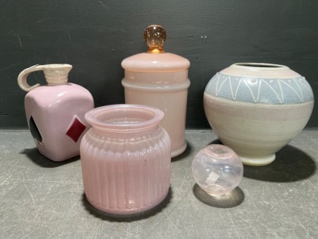 4 x Pink Glass Vessels and Pottery Vase